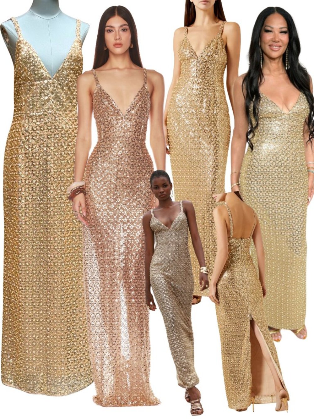 🆕 BRONX & BANCO 🧿 NWOT Allegra Gold Sequin & Beaded Maxi Dress, Sz L US 8